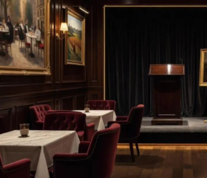 Kortárs művészeti installáció egy sötét tónusú bistro térben