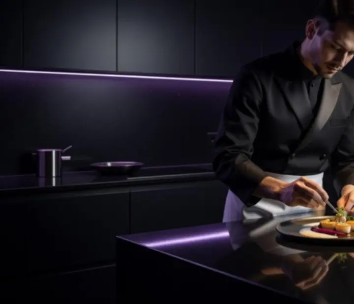 Chef munka közben sötét, hangulatos konyhában