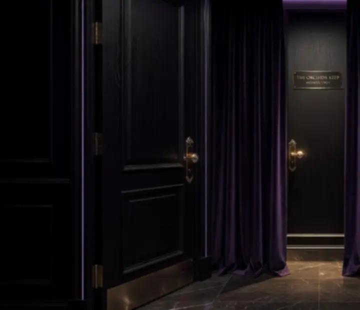 Bársonyszegélyes, diszkrét bejárat egy sötét tónusú privát poker lounge-ba