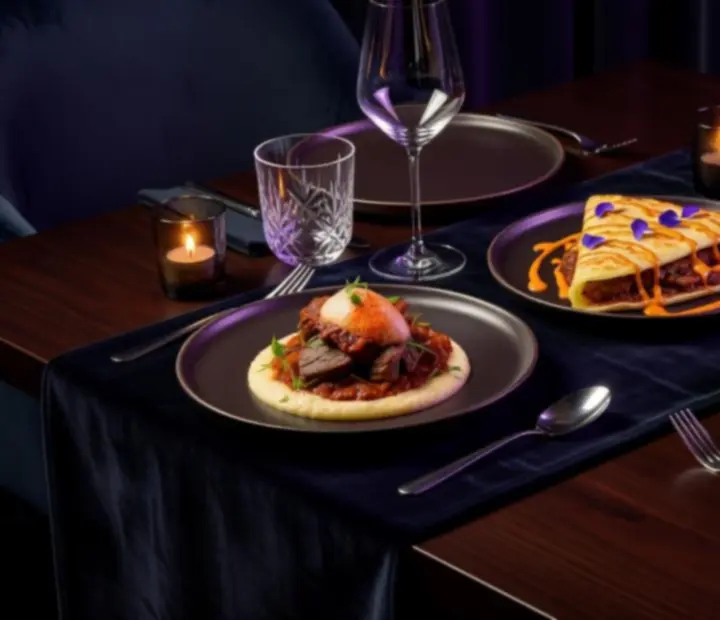 Elegáns, félhomályos esti bisztró asztal fine dining tálalással