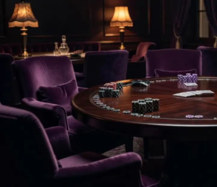 Sötét tónusú, intim offline poker lounge asztallal és bársonyszékekkel